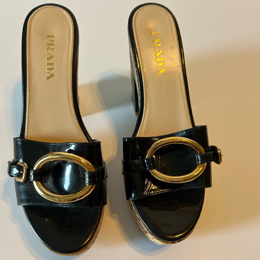 Prada Black Sandals Heels Women Designer Shoe.
